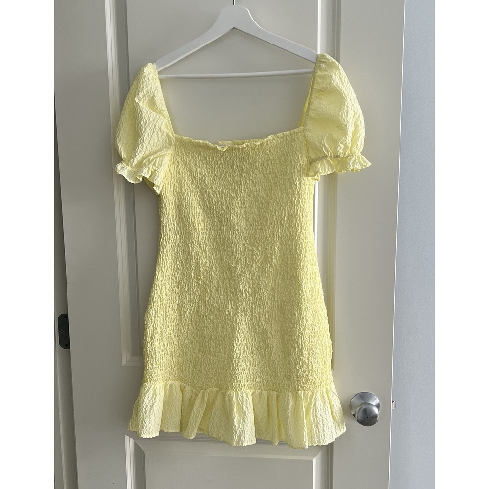 NWT ZARA Yellow Smocked Puff Sleeve Square Neck Mini Dress Size L